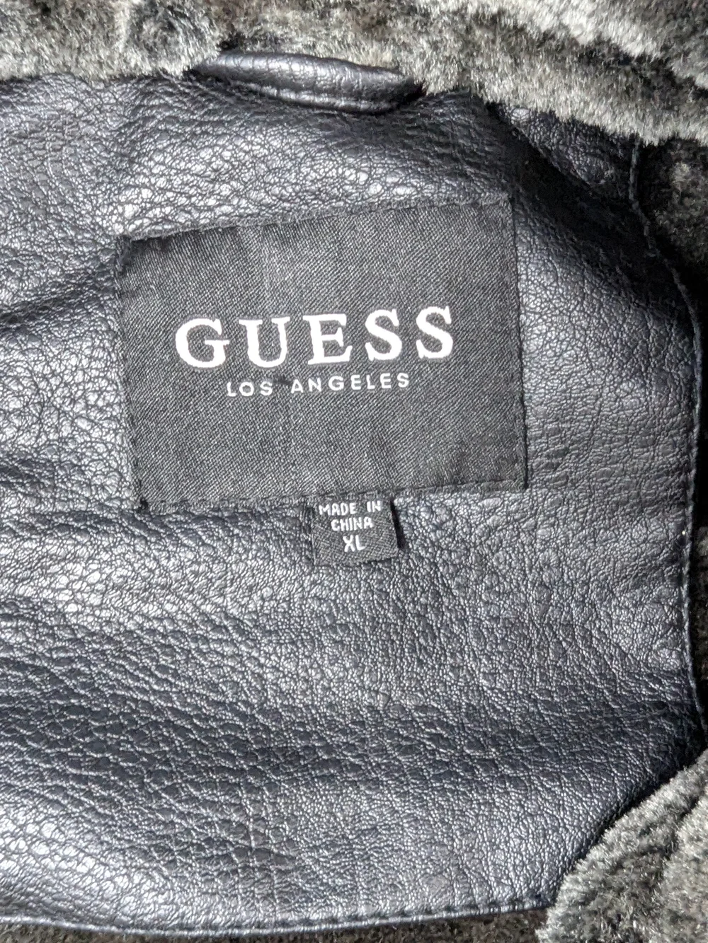 GUESS Black Leather Jacket with Gray Faux Fur Lining